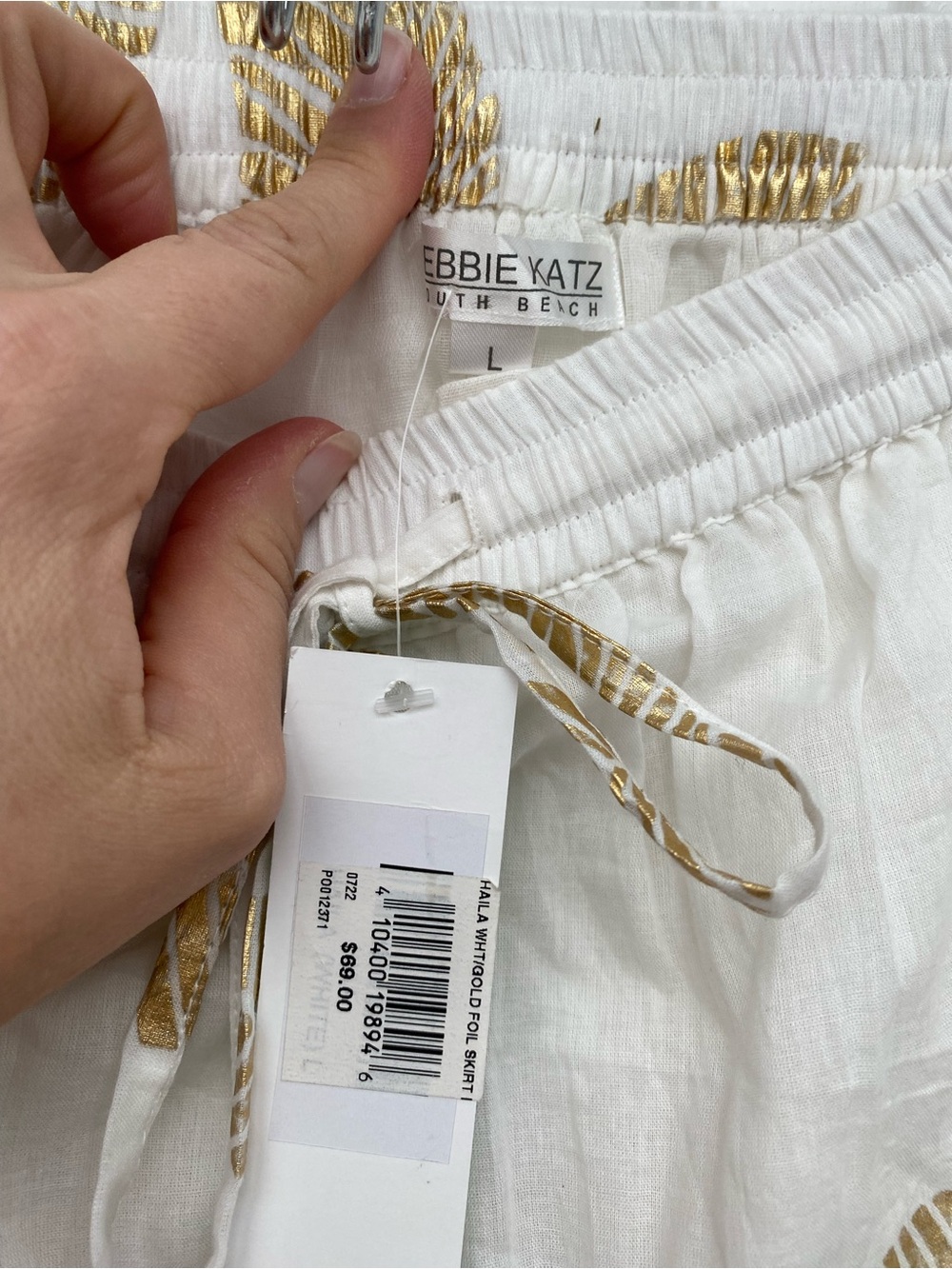 NWT Debbie Katz White Maxi Skirt w Metallic Gold Leaf Print & Drawstring Waist L - Picture 5 of 8